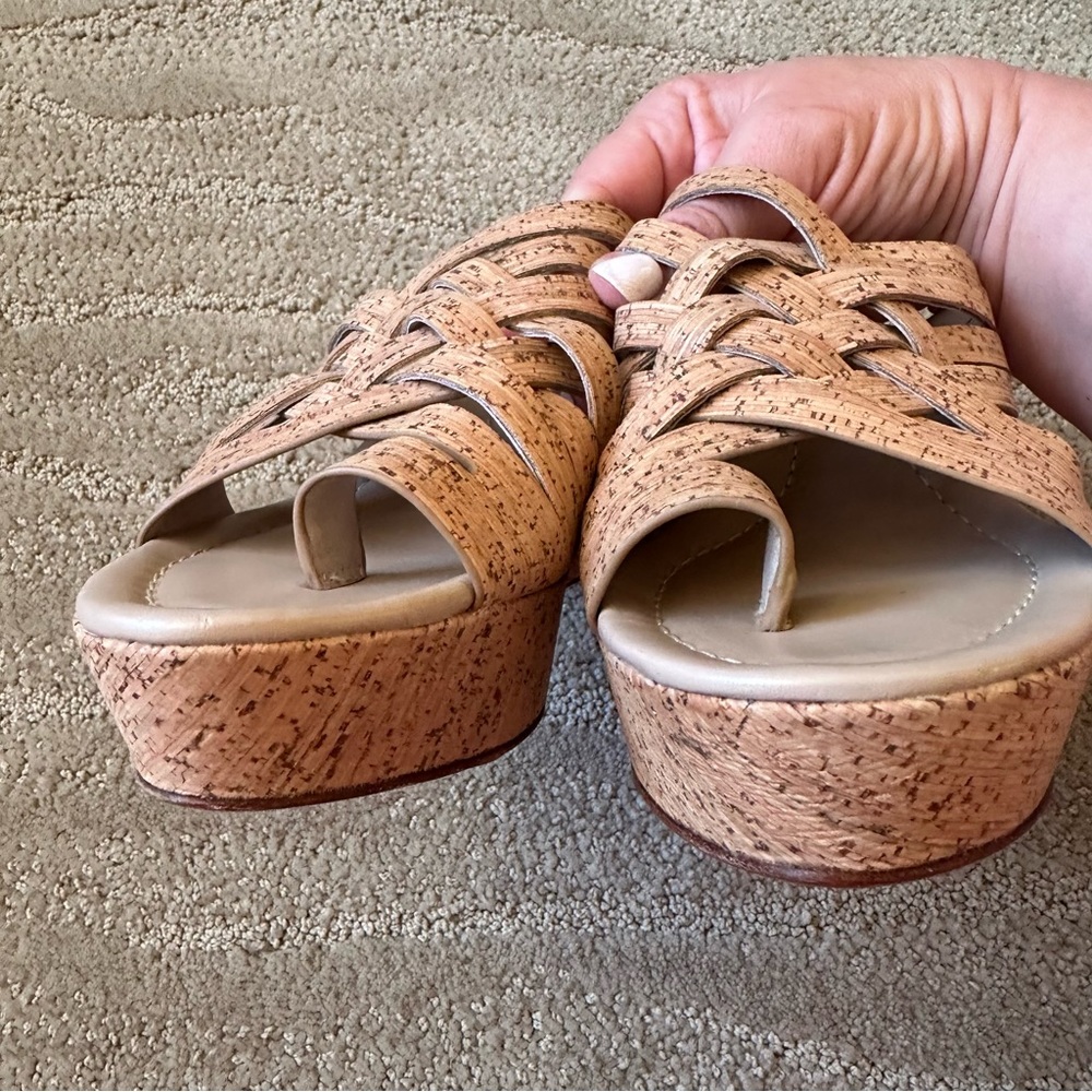 Donald J Pliner Flore Woven Strappy Platform Wedge Cork Slip On Sandals Tan 8.5 - Picture 11 of 16